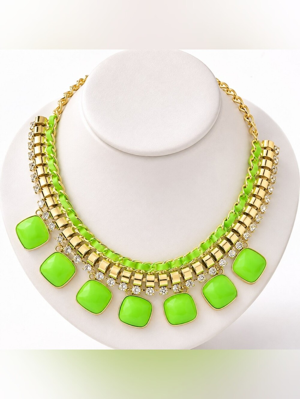 Statement Neon Green Gold Tone Rhinestone Chunky Chain Necklace Fashion Jewelry